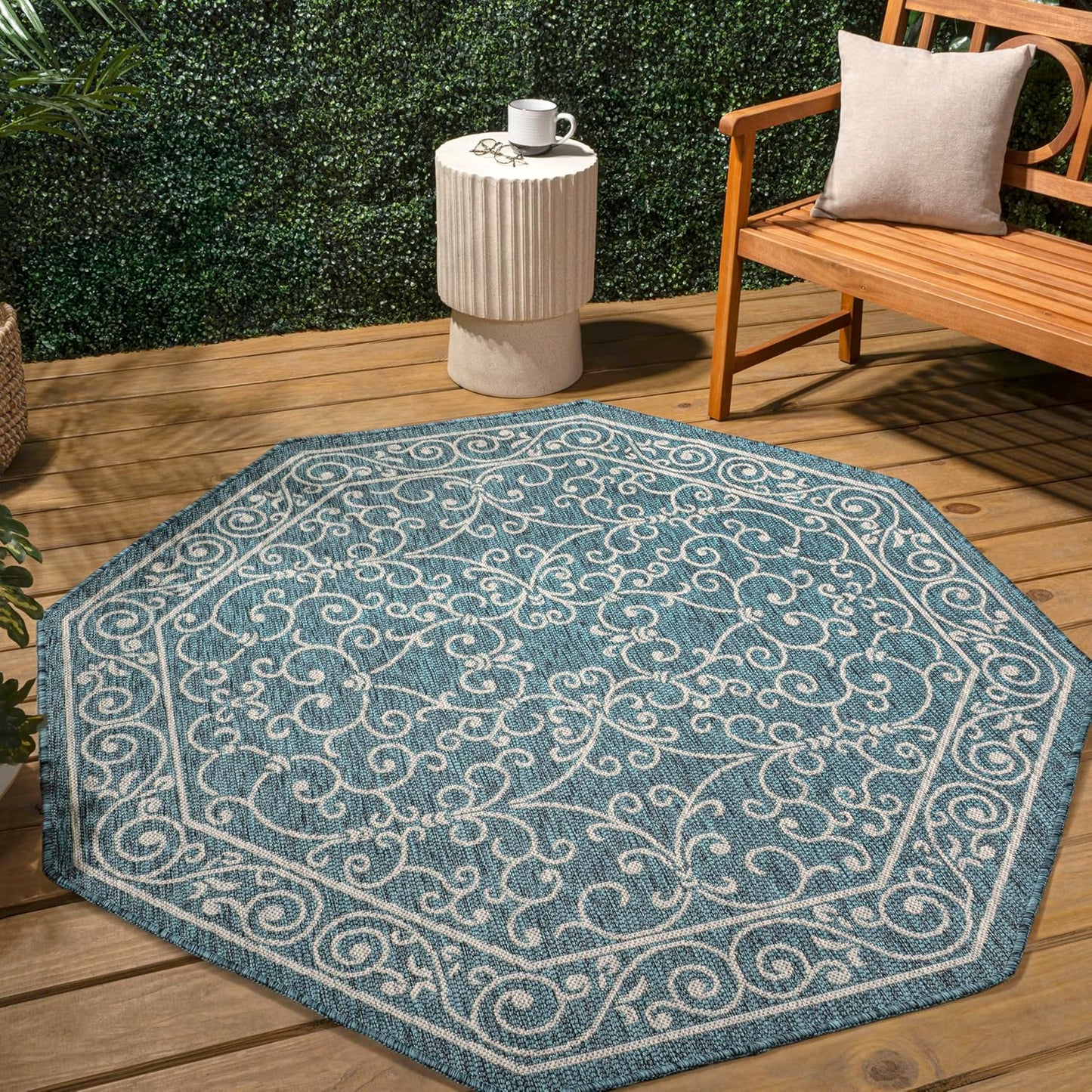 JONATHAN Y SMB106F-5TGN Charleston Vintage Filigree Textured Weave Teal/Gray 5' Octagon Indoor/Outdoor Area Rug, Non-Shedding, Stain Resistant,Fade Resistant, Easy-Cleaning for Backyard Patio, Porch
