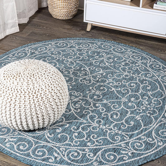 JONATHAN Y SMB106F-5R Charleston Vintage Filigree Textured Weave Indoor Outdoor Area Rug Classic Coastal Easy-Cleaning Bedroom Kitchen Backyard Patio Non Shedding, 5' Round, Teal/Gray
