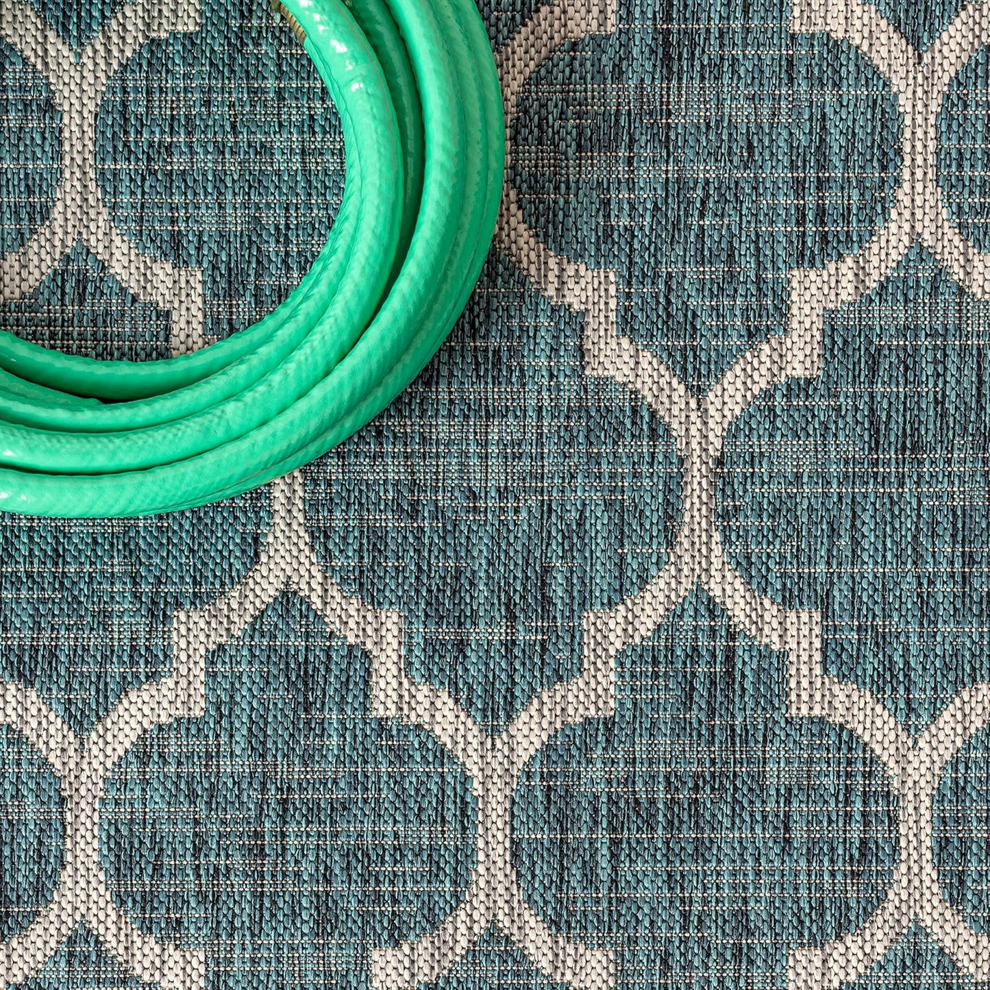 Eyely BMS109E-5R Santa Monica Trebol Moroccan Trellis Textured Weave Indoor/Outdoor Area Rug Coastal;Bohemian, Bedroom, Backyard, Patio, Easy-Cleaning, Non-Shedding, 5' Round, Teal/Gray
